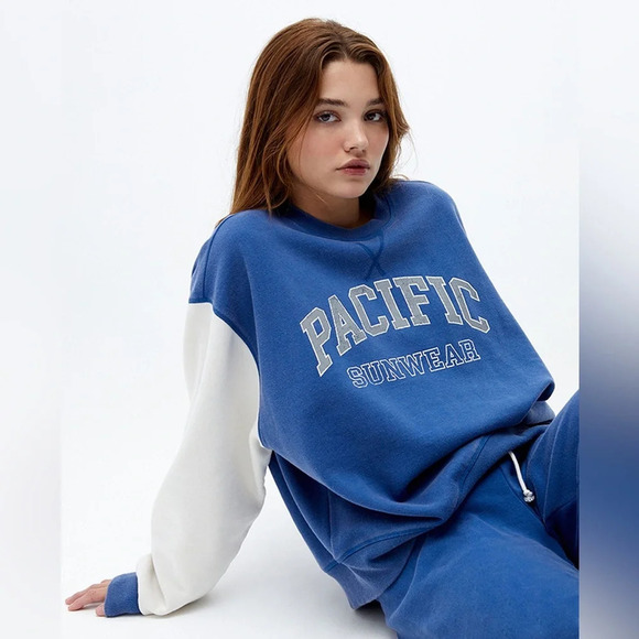 PacSun Pacific Sunwear Ivy Crewneck Sweatshirt Blue White Long Sleeve size small - Picture 1 of 9